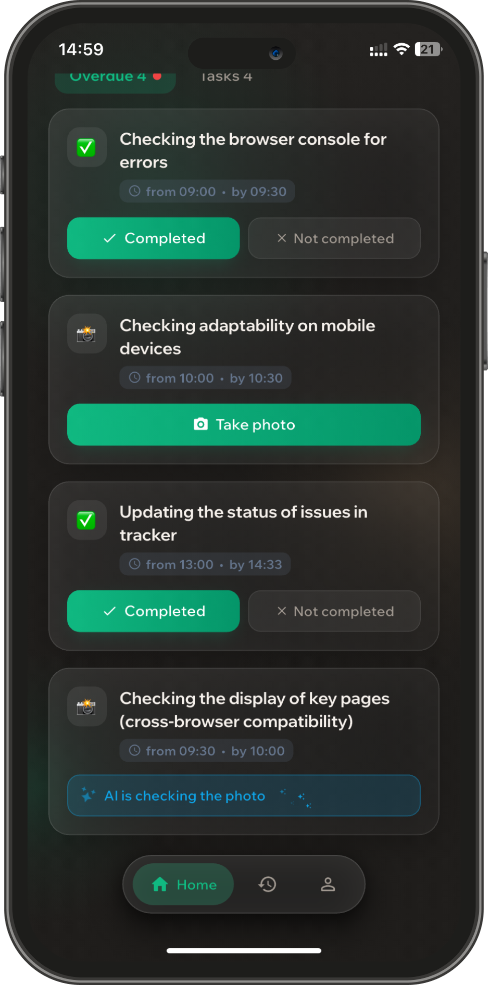 Shift task screen: checklist, photo report, and confirmation types