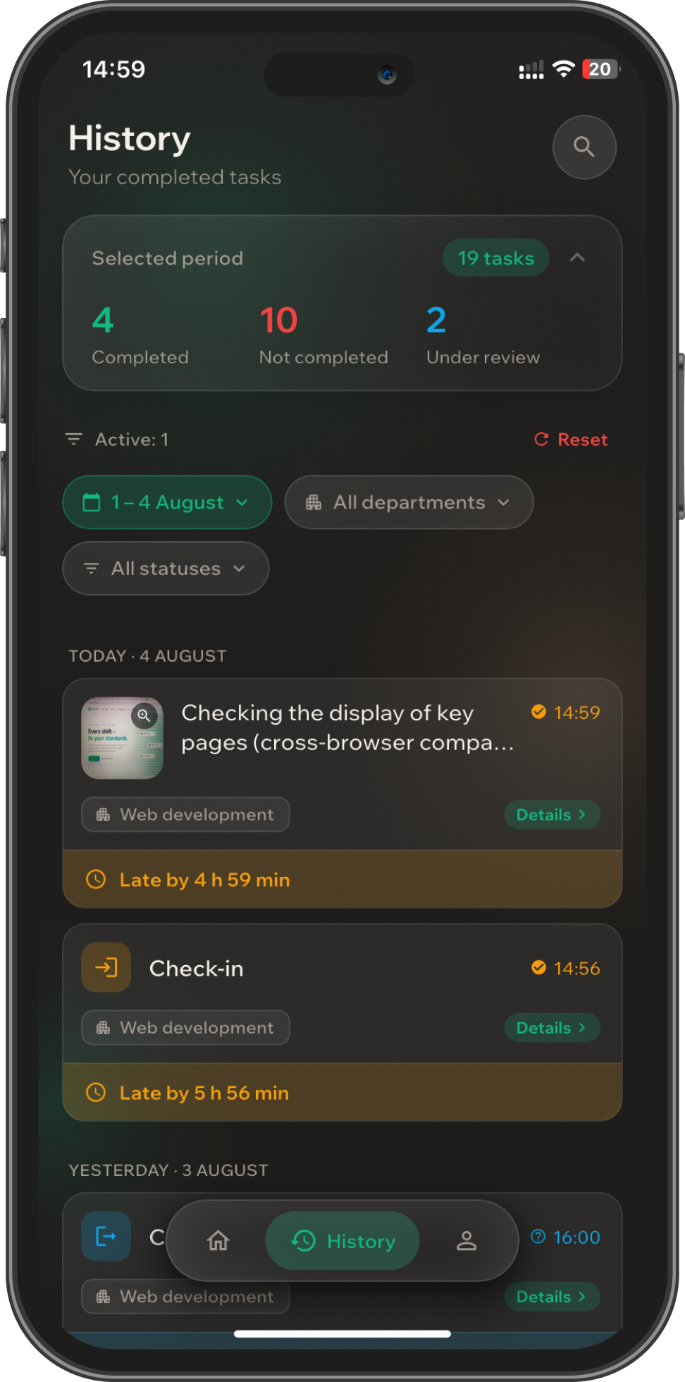 Task-history screen: photo reports, completion time, and overdue tasks